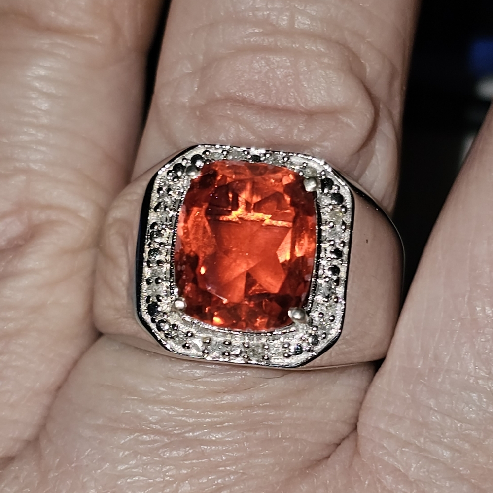 Sz 11, Sunfire Quartz & Diamond Ring, TGW 6.10 Carats, 925 Silver, NWT
